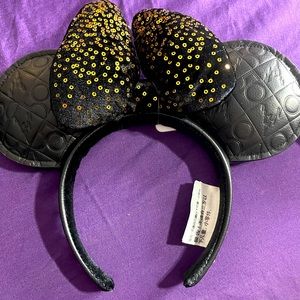 Disney World 50th Anniversary Luxe Minnie Ears Headband Gold Faux Black Leather